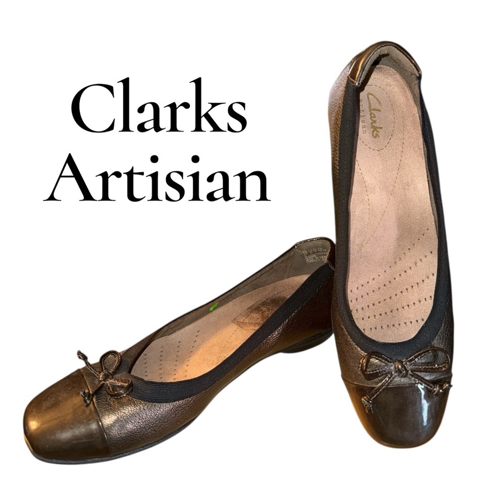 Clarks Artisan Bronze Brown Leather Ballet Flats Bow Cap Toe Comfort Shoes Sz 8